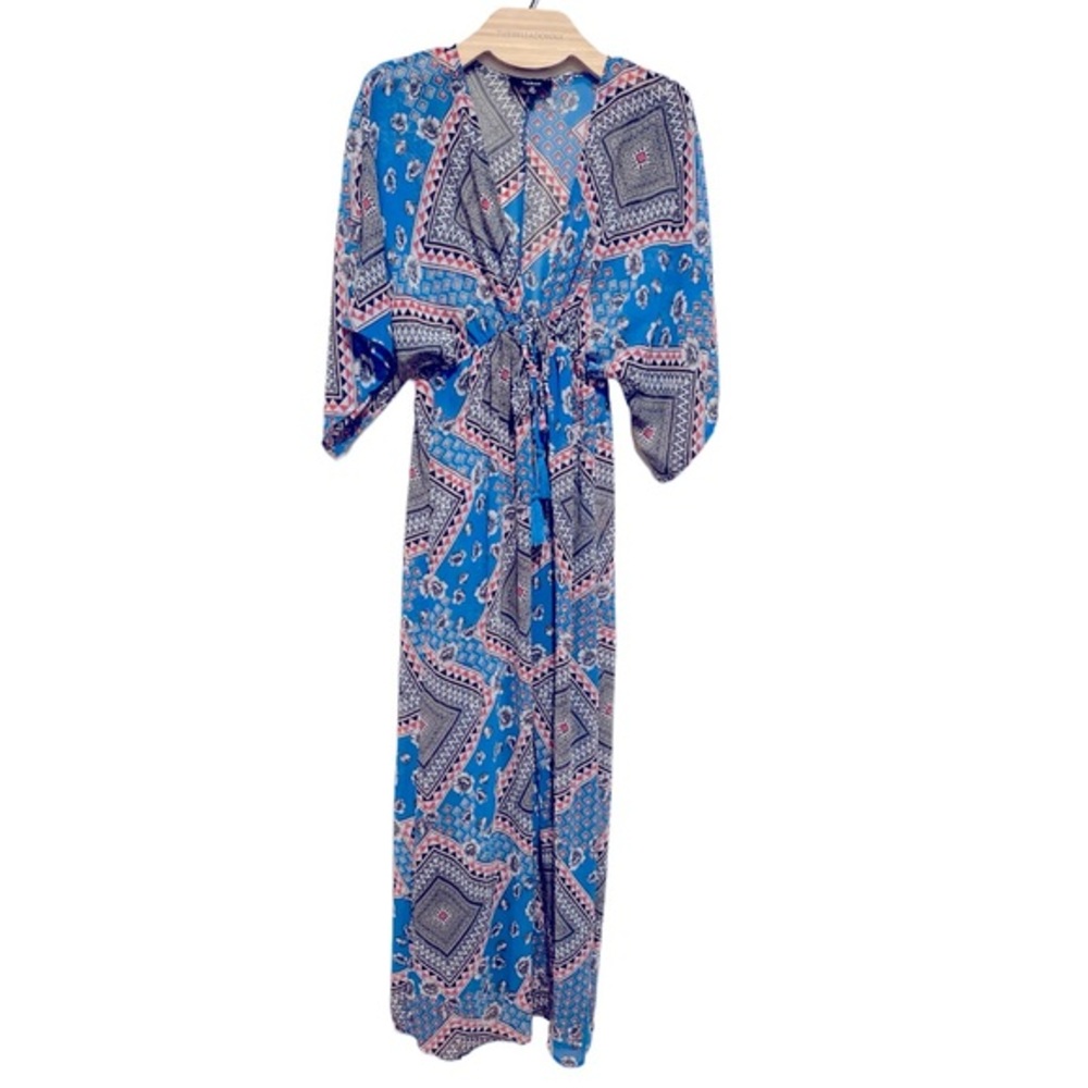AAKAA KIMONO BOHO FLORAL PRINT EMPIRE WAIST TASSEL TIE DUSTER M - Picture 2 of 9